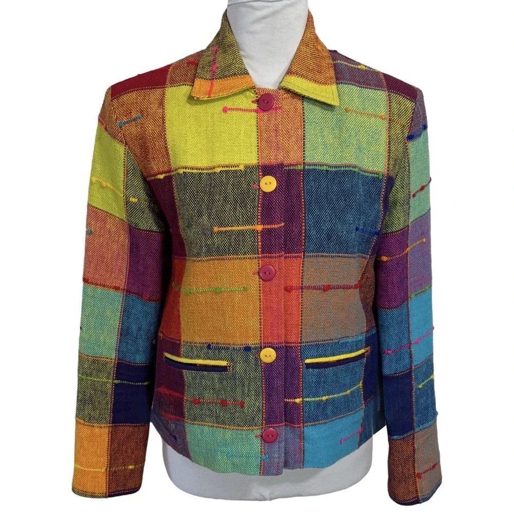 Vintage Rainbow Blazer Jacket Size XS Boxy Colorful Neon Pop Art Deco Tribal 90s